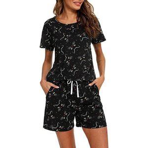 Summer Lightweight Sleepwear Pajama Set 2Pcs Black W/ Cat Print 2XL